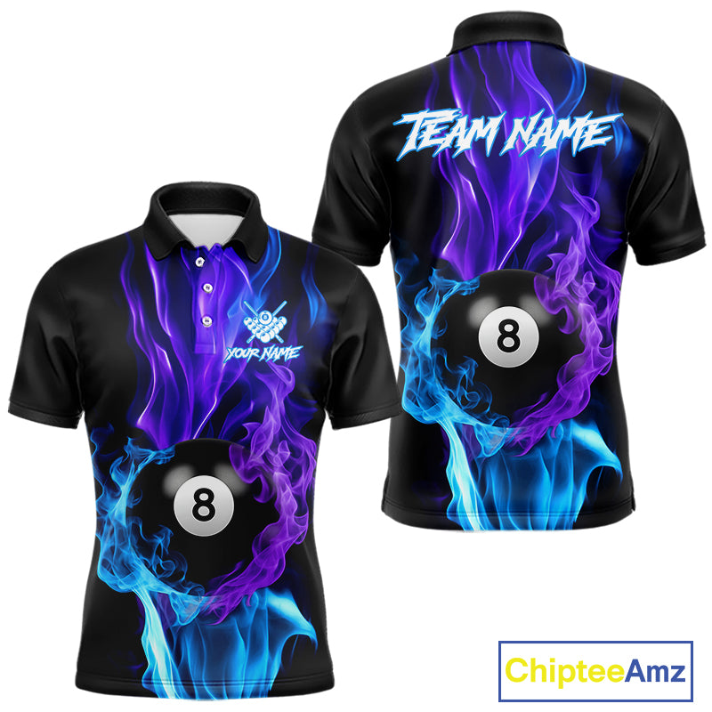 Purple Blue Flaming Smoke 8 Ball Billiard Shirts For Men, Pool Team Shirts Custom Billiard Jersey TDM5141