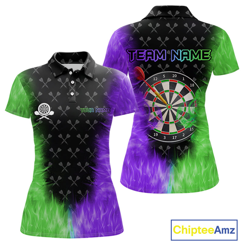 Green And Purple Flame Womens Dart Shirts Custom Dart Jersey Polo & 1/4 Zip, Gifts For Dart Players TDM5145