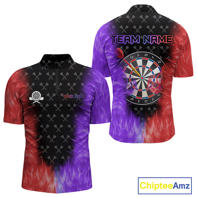 Red And Purple Flame Mens Dart Shirts Custom Dart Jersey Polo & 1/4 Zip, Gifts For Dart Players TDM5146