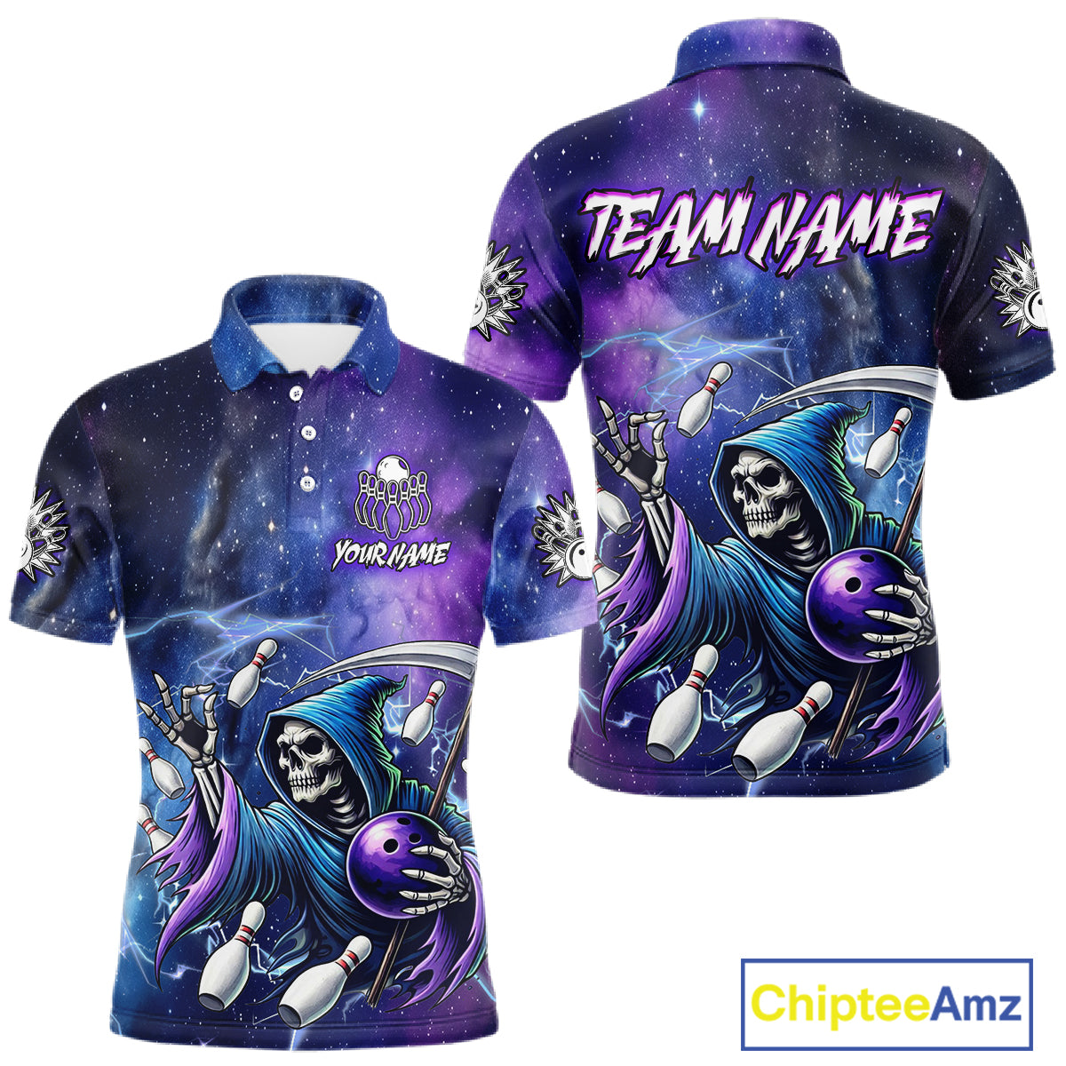Funny Grim Reaper Blue Purple Galaxy Bowling Shirt For Men Custom Glowing Bowling Jersey Outfit TDM5862