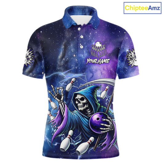 Funny Grim Reaper Blue Purple Galaxy Bowling Shirt For Men Custom Glowing Bowling Jersey Outfit TDM5862