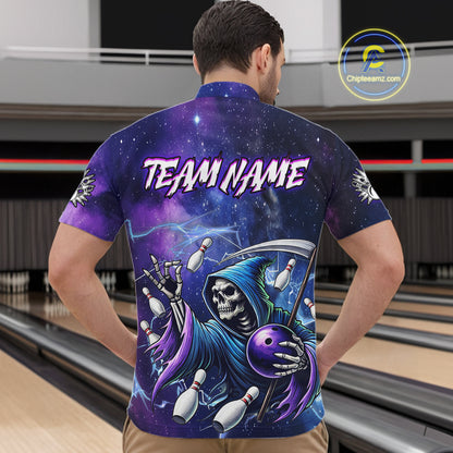Funny Grim Reaper Blue Purple Galaxy Bowling Shirt For Men Custom Glowing Bowling Jersey Outfit TDM5862