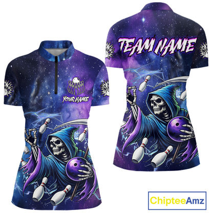 Funny Grim Reaper Blue Purple Galaxy Bowling Shirt For Women Custom Glowing Bowling Jersey Outfit TDM5862