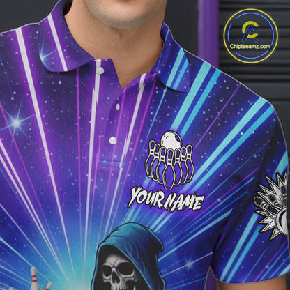 Funny Grim Reaper Blue Purple Neon Bowling Shirt For Men Custom Lighting Bowling Team Jersey TDM5863
