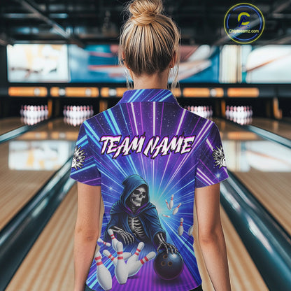 Funny Grim Reaper Blue Purple Neon Bowling Shirt For Women Custom Lighting Bowling Team Jersey TDM5863