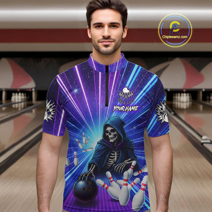 Funny Grim Reaper Blue Purple Neon Bowling Shirt For Men Custom Lighting Bowling Team Jersey TDM5863