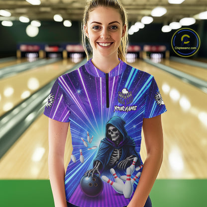 Funny Grim Reaper Blue Purple Neon Bowling Shirt For Women Custom Lighting Bowling Team Jersey TDM5863