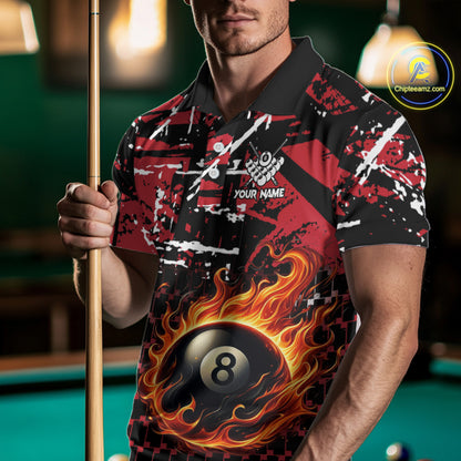 Grunge Black And Red Flaming 8 Ball Pool Men's Billiard Shirts Custom Billiard Jerseys Team Shirts TDM3833