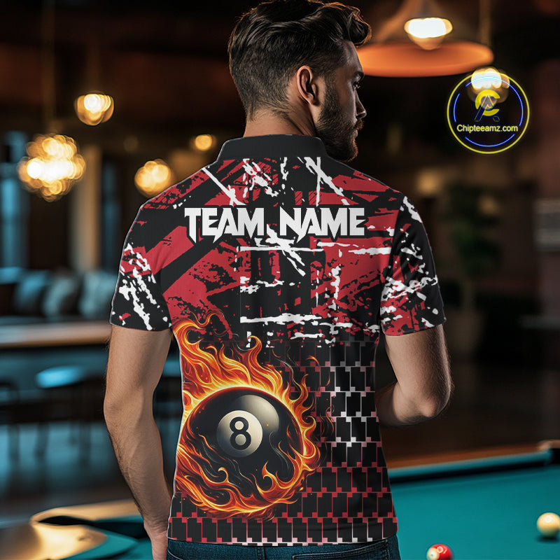 Grunge Black And Red Flaming 8 Ball Pool Men's Billiard Shirts Custom Billiard Jerseys Team Shirts TDM3833