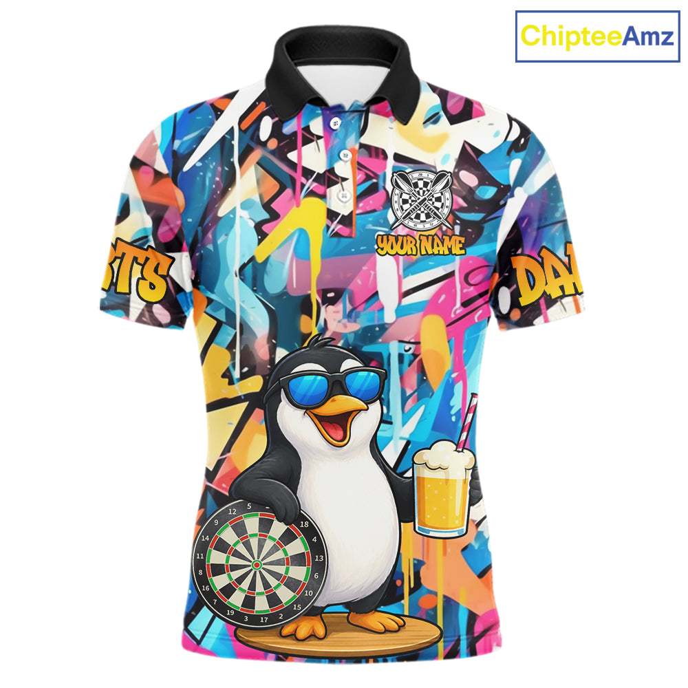 Funny Penguin Colorful Graffiti Darts Shirt For Men Custom Darts Team Jersey Polo & 1/4 Zip TDM6466