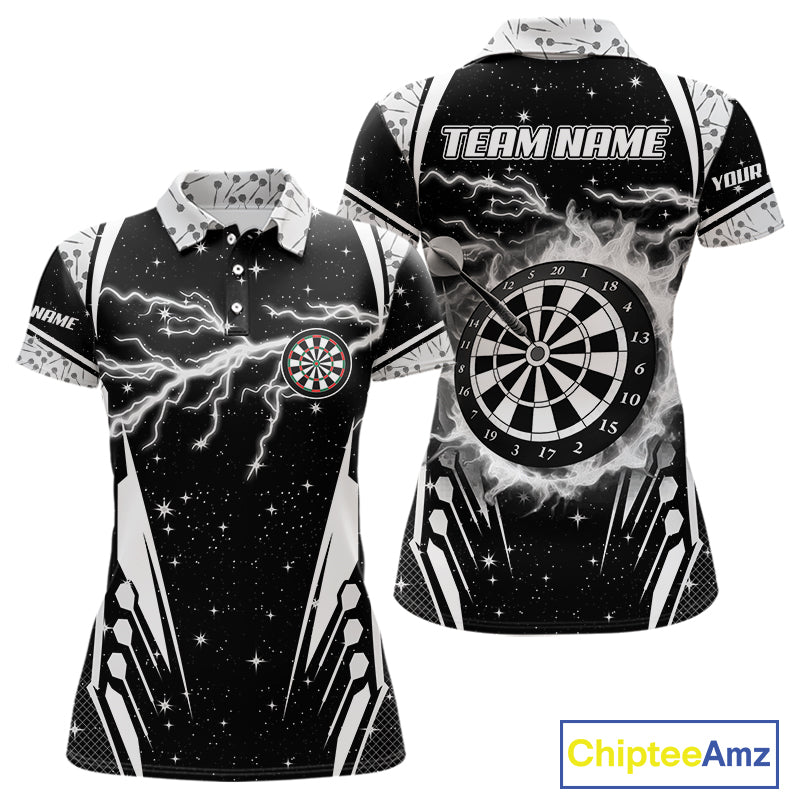 Personalized Thunder Lightning Dart Jersey For Women, Black White Darts Team Shirt Polo & 1/4 Zip TDM4123