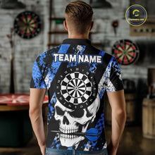 Load image into Gallery viewer, Back view of man wearing a blue camo skull darts shirt during league play.