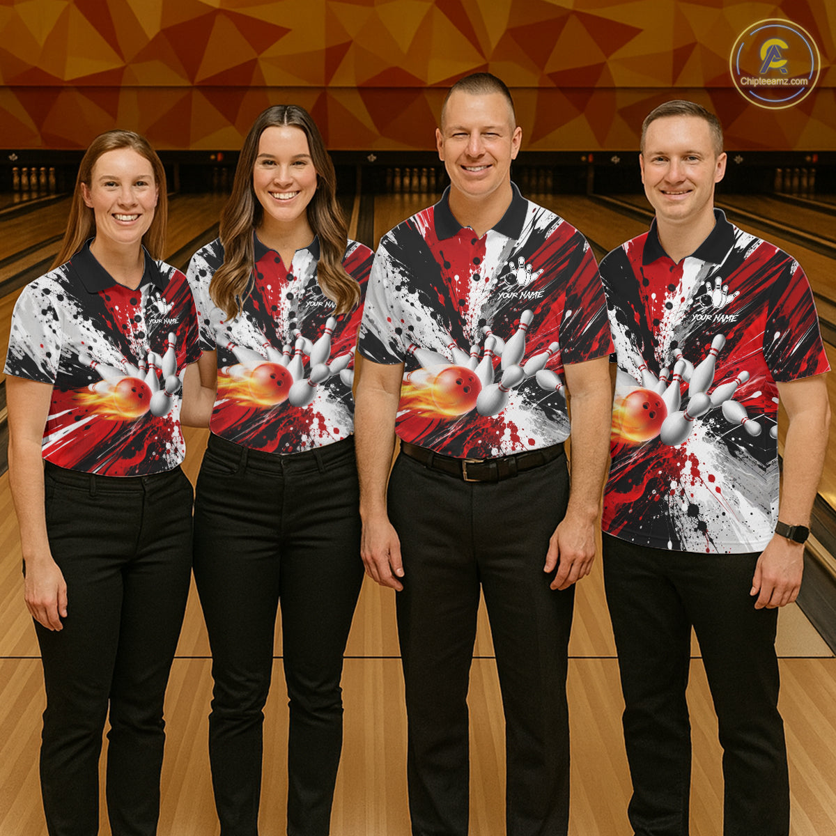 Bowling team wearing matching red splatter bowling jerseys during league competition front view.