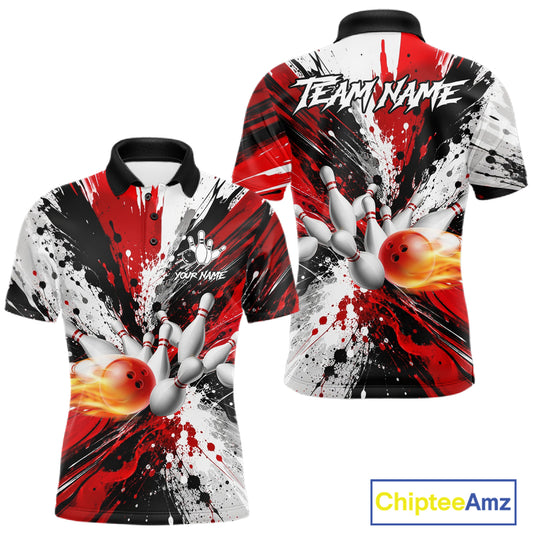 Red splatter bowling ball and pins bowling polo shirt for men with custom bowling team graphics.