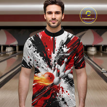 Load image into Gallery viewer, Man wearing a red splatter bowling quarter zip jersey during bowling league play front view.