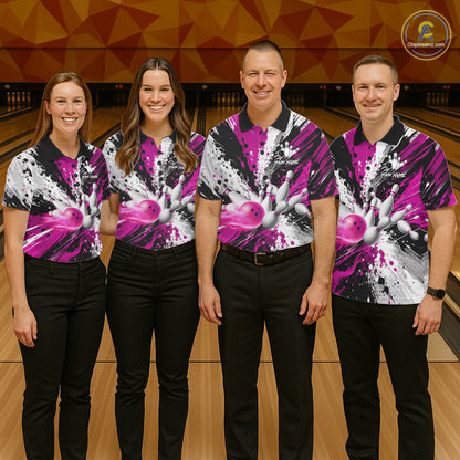 Bowling team wearing matching pink splatter bowling jerseys during tournament play front view.