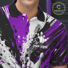 Load image into Gallery viewer, Close-up of a purple splatter bowling polo shirt collar, buttons, and bowling ball graphics.