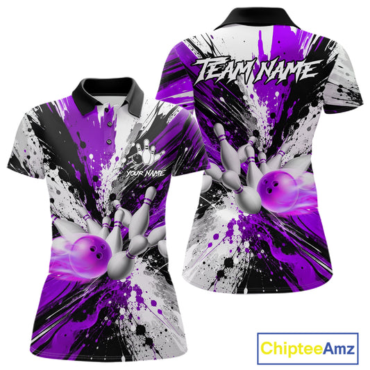 Purple splatter bowling ball and pins bowling polo shirt for women with custom league team graphics.