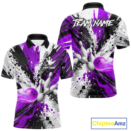 Purple splatter bowling ball and pins bowling polo shirt for men with custom league team graphics.