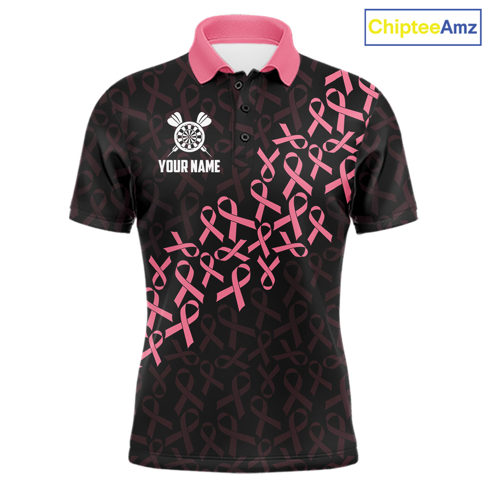 Pink Ribbons Patriotic American Flag Breast Cancer Awareness Darts Polo Shirt for Men Featuring Inspirational Pink Ribbon Artwork for Dart League Players, Team Competition, and Awareness Events