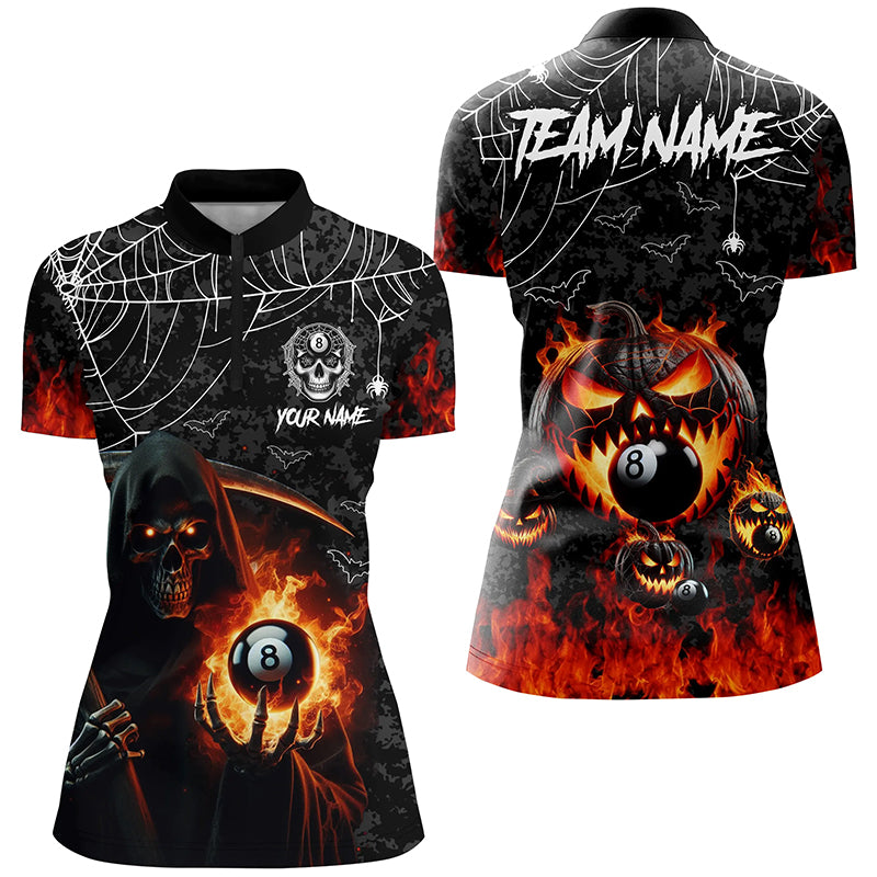 Grim Reaper With Pumpkin Fire Custom Billiard Shirts For Women, Halloween Flame Billiard Shirts TDM2427