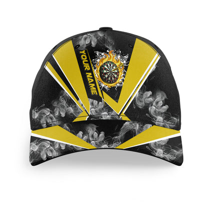 Personalized Black Yellow Smoke Darts Hat Gift For Player, 3D Printed Baseball Darts Caps TDM2898