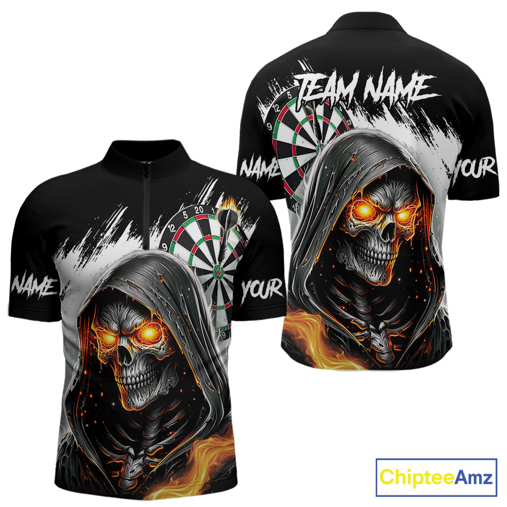 Personalized Grim Reaper Fire Dart Shirts For Men Custom Skull Dart Jersey Polo & 1/4 Zip |White TDM5369