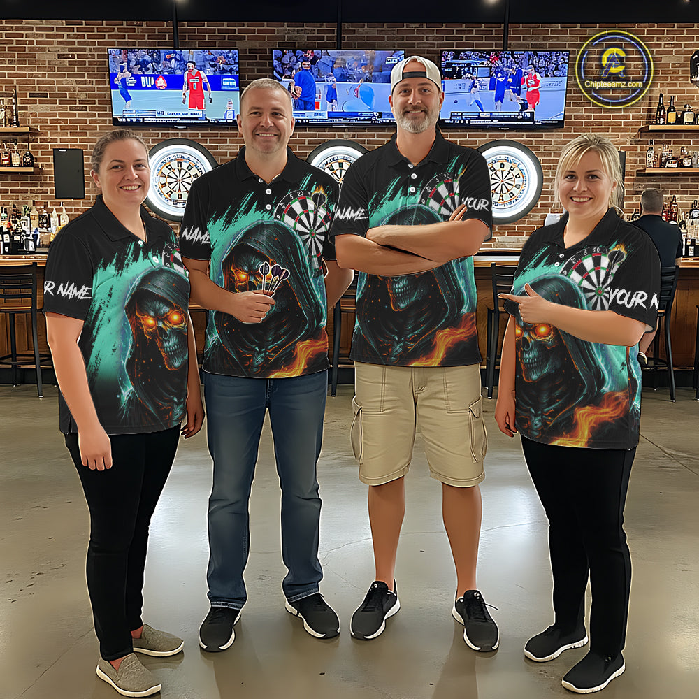 Personalized Grim Reaper Fire Dart Shirts For Women Custom Skull Dart Jersey Polo & 1/4 Zip |Turquoise TDM5370