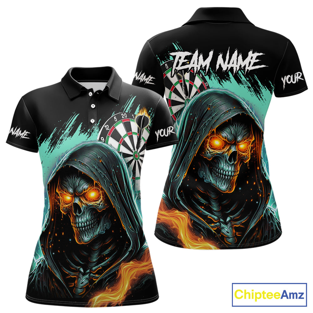 Personalized Grim Reaper Fire Dart Shirts For Women Custom Skull Dart Jersey Polo & 1/4 Zip |Turquoise TDM5370