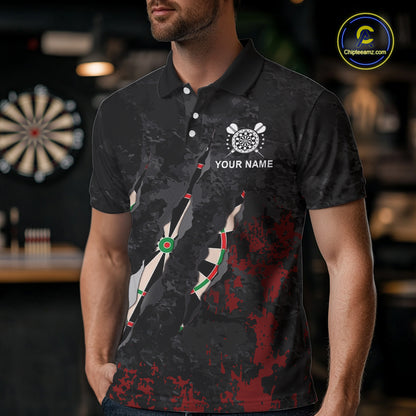 Custom Red Black Grunge Dart Shirts With Pocket Option For Men, Darts Jersey TDM5371