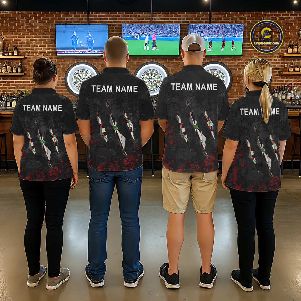 Custom Red Black Grunge Dart Shirts With Pocket Option For Women, Darts Jersey TDM5371