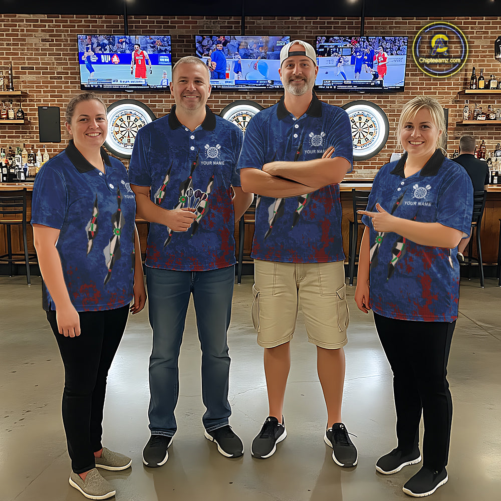 Custom Blue Red Grunge Dart Shirts With Pocket Option For Women, Darts Jersey TDM5372