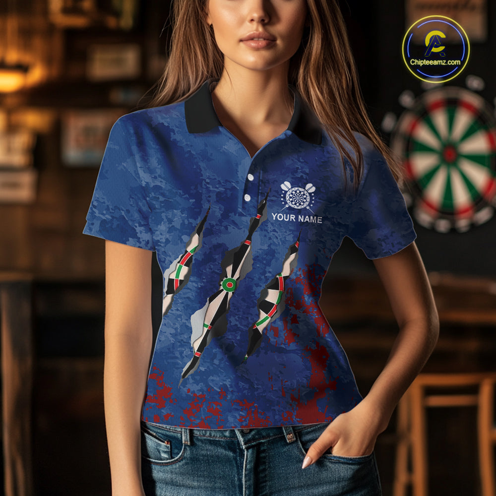 Custom Blue Red Grunge Dart Shirts With Pocket Option For Women, Darts Jersey TDM5372
