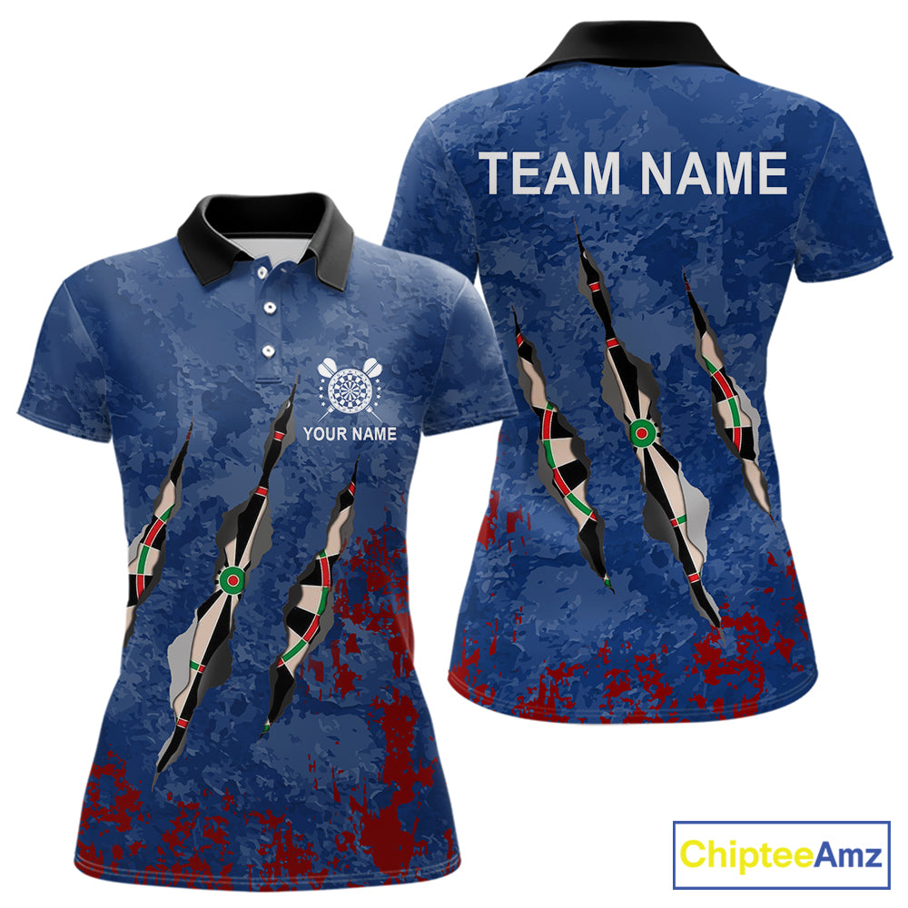 Custom Blue Red Grunge Dart Shirts With Pocket Option For Women, Darts Jersey TDM5372