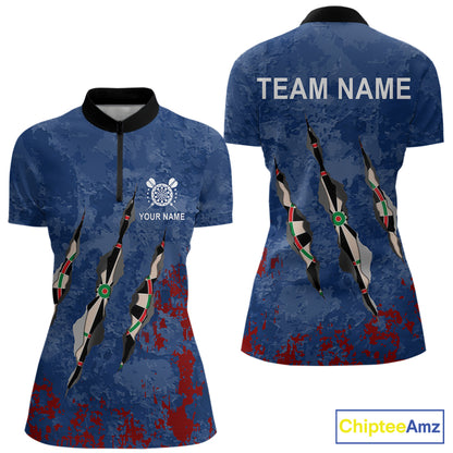 Custom Blue Red Grunge Dart Shirts With Pocket Option For Women, Darts Jersey TDM5372