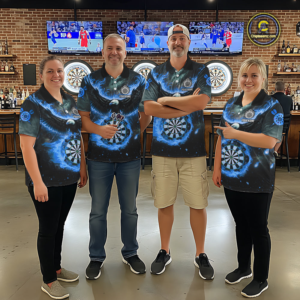 Personalized Fire Flame Blue Dartboard Eagle Dart Shirts For Women, Darts League Team Jerseys TDM5373