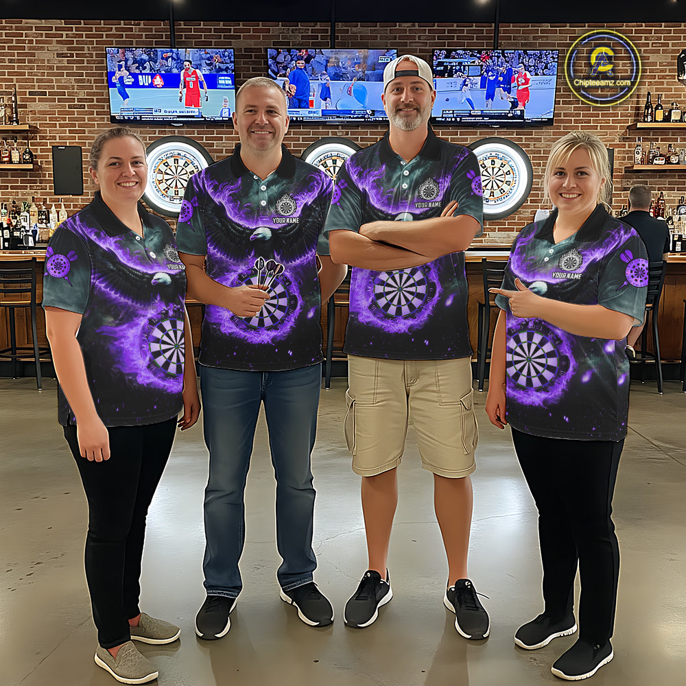 Personalized Fire Flame Purple Dartboard Eagle Dart Shirts For Men, Darts League Team Jerseys TDM5374