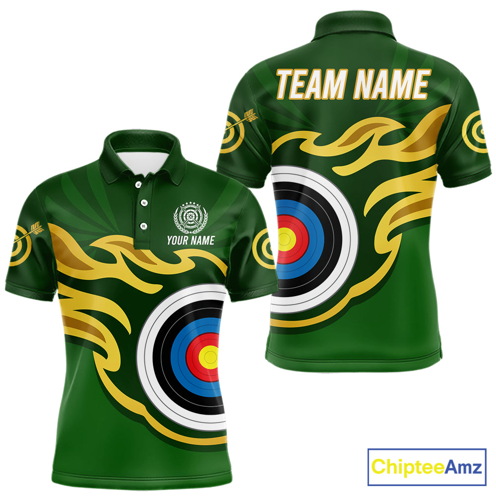 Personalized Green Archery Flame Polo & 1/4 Zip For Men Custom Golden Archery Team Jersey TDM5871
