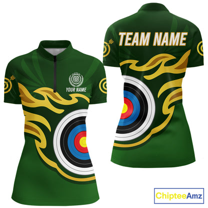 Personalized Green Archery Flame Polo & 1/4 Zip For Women Custom Golden Archery Team Jersey TDM5871