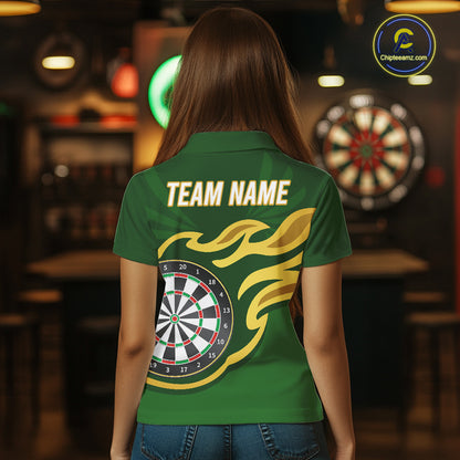 Personalized Green Dartboard Flame Gold Darts Shirt For Women, Darts Jersey Team Polo & 1/4 Zip TDM5872