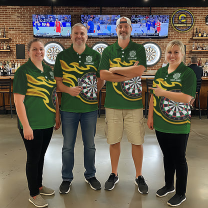Personalized Green Dartboard Flame Gold Darts Shirt For Men, Darts Jersey Team Polo & 1/4 Zip TDM5872