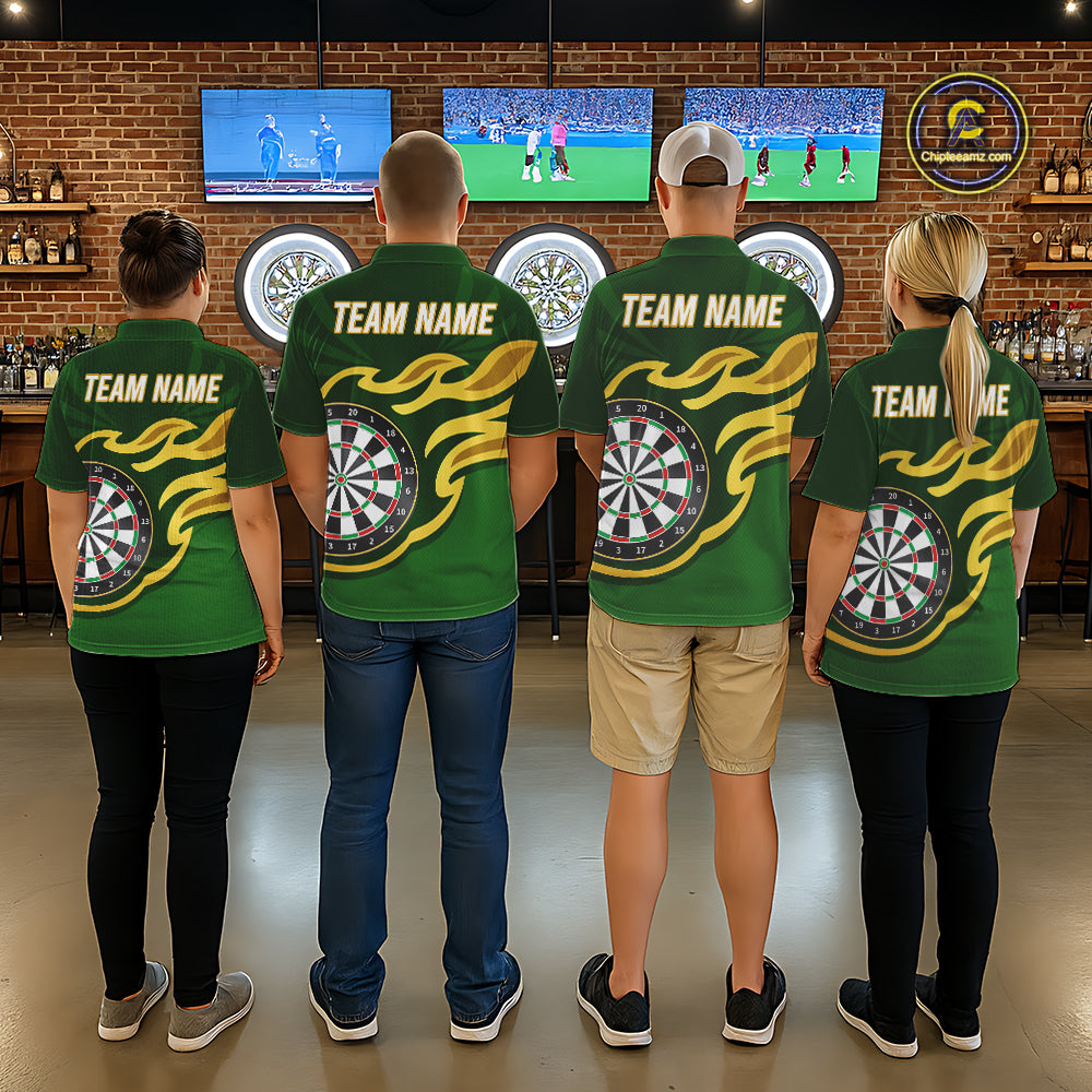 Personalized Green Dartboard Flame Gold Darts Shirt For Men, Darts Jersey Team Polo & 1/4 Zip TDM5872