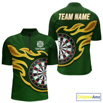 Personalized Green Dartboard Flame Gold Darts Shirt For Men, Darts Jersey Team Polo & 1/4 Zip TDM5872