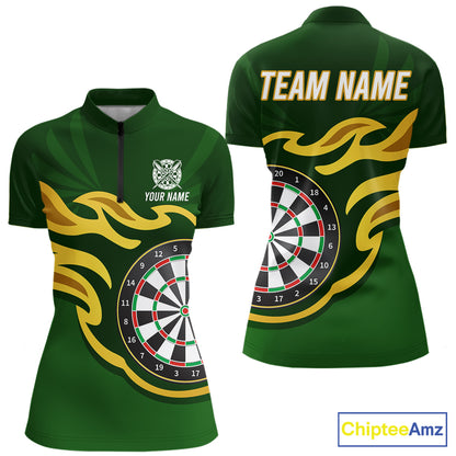 Personalized Green Dartboard Flame Gold Darts Shirt For Women, Darts Jersey Team Polo & 1/4 Zip TDM5872