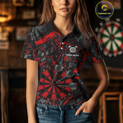 Custom Black And Red Grunge Camo Dart Shirts For Women, Camouflage Dart Team Jersey Polo & 1/4 Zip TDM3959