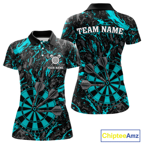 Custom Black And Blue Grunge Camo Dart Shirts For Women, Camouflage Dart Team Jersey Polo & 1/4 Zip TDM3960