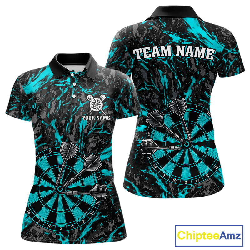 Custom Black And Blue Grunge Camo Dart Shirts For Women, Camouflage Dart Team Jersey Polo & 1/4 Zip TDM3960