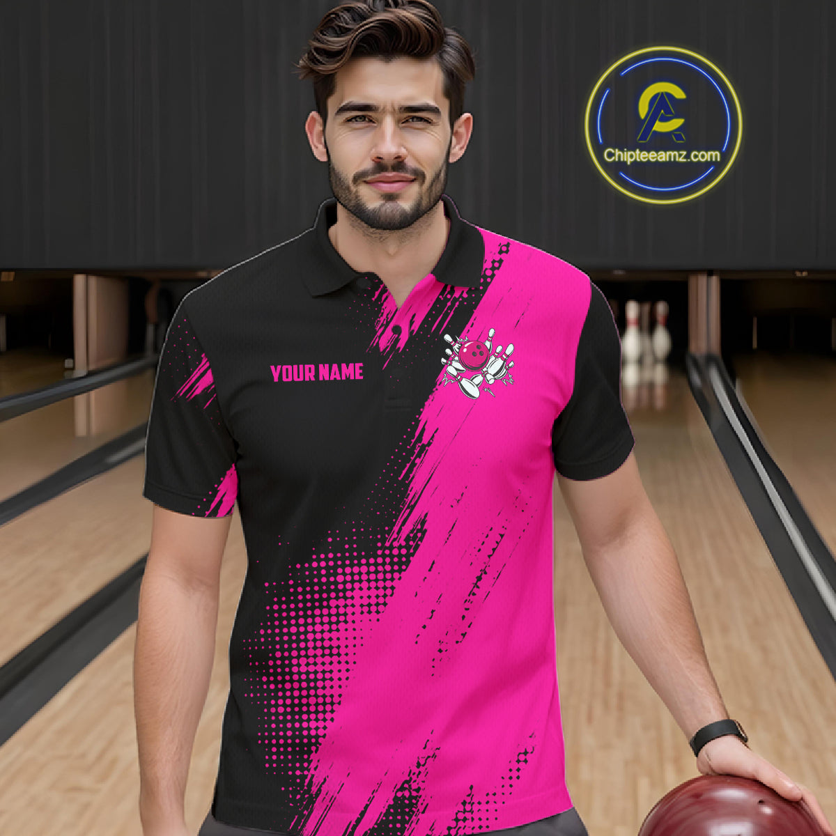 Male model wearing the Custom Pink and Black Strike Bowling polo shirt with vibrant pink and black bowling graphics, front view