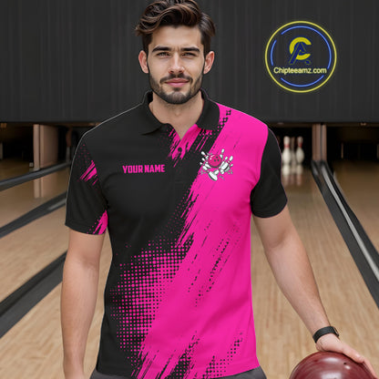 Male model wearing the Custom Pink and Black Strike Bowling polo shirt with vibrant pink and black bowling graphics, front view