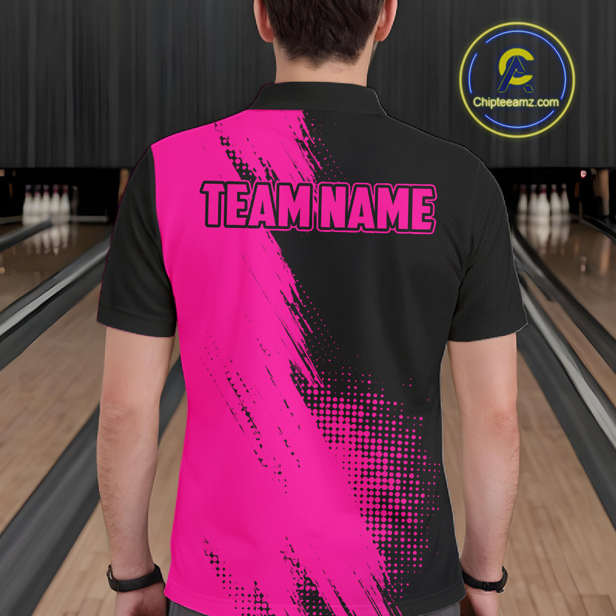 Male model wearing the Custom Pink and Black Strike Bowling polo shirt featuring bold pink and black bowling graphics, back view